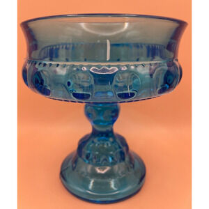 Vintage Indiana Glass King's Crown Thumbprint Compote Blue/Aqua Pre-owned